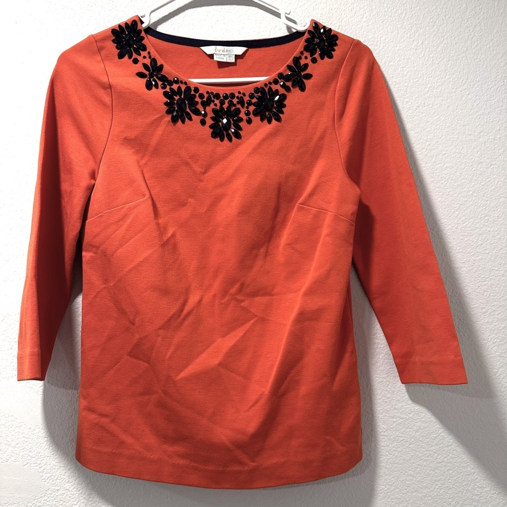 Boden Size US-2 Embellished Jewel‎ Neck 3/4 Sleeve Top Orange Cotton Blend